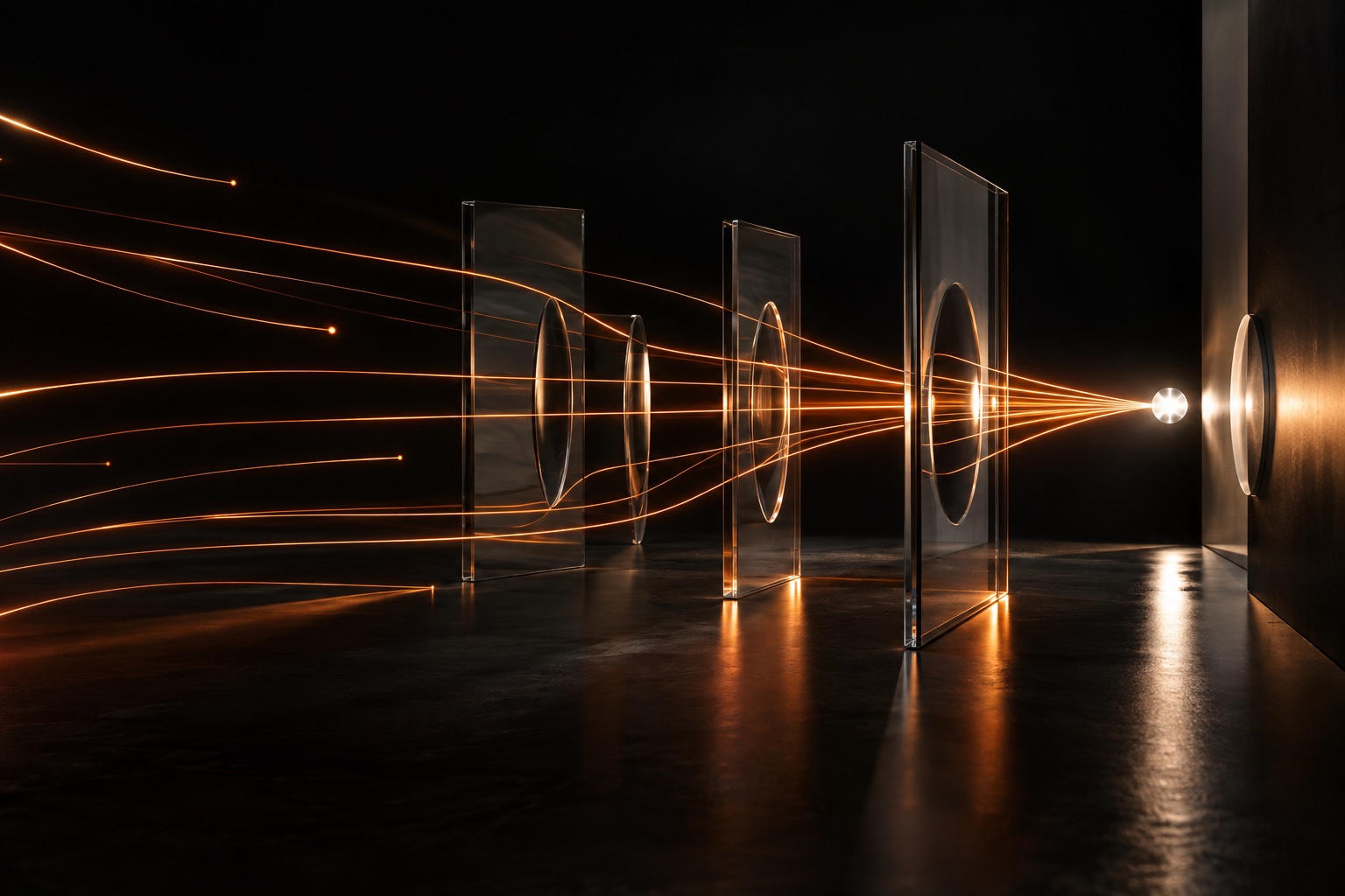 Trajectoires lumineuses orange convergeant à travers des plans de verre vers un point d’action